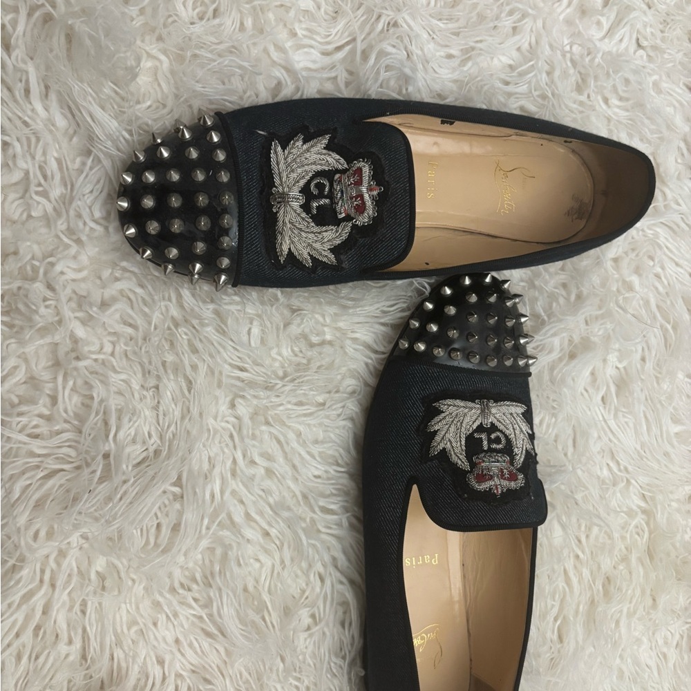Christian Louboutin Black Embroidered Flats with Silver Spikes - Picture 2 of 6